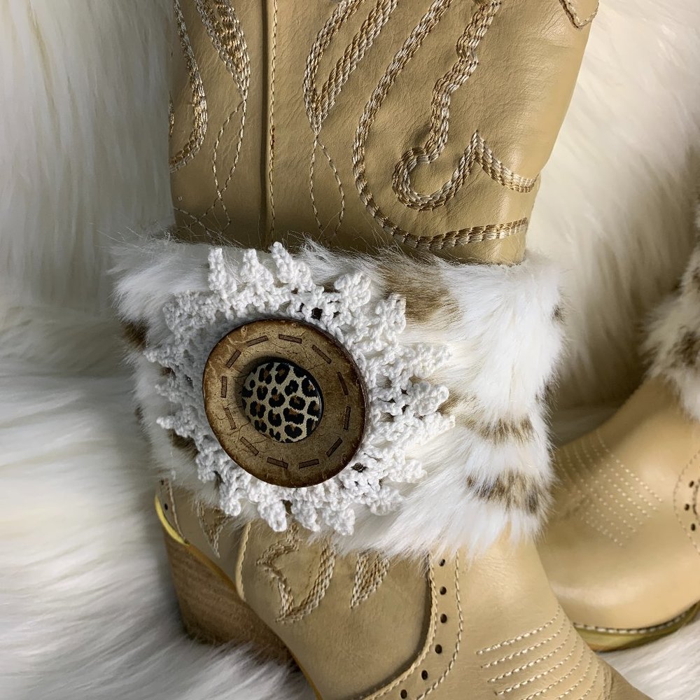 Handmade Womens Beige Animal Print Faux Fur Removable Boot Band One Size